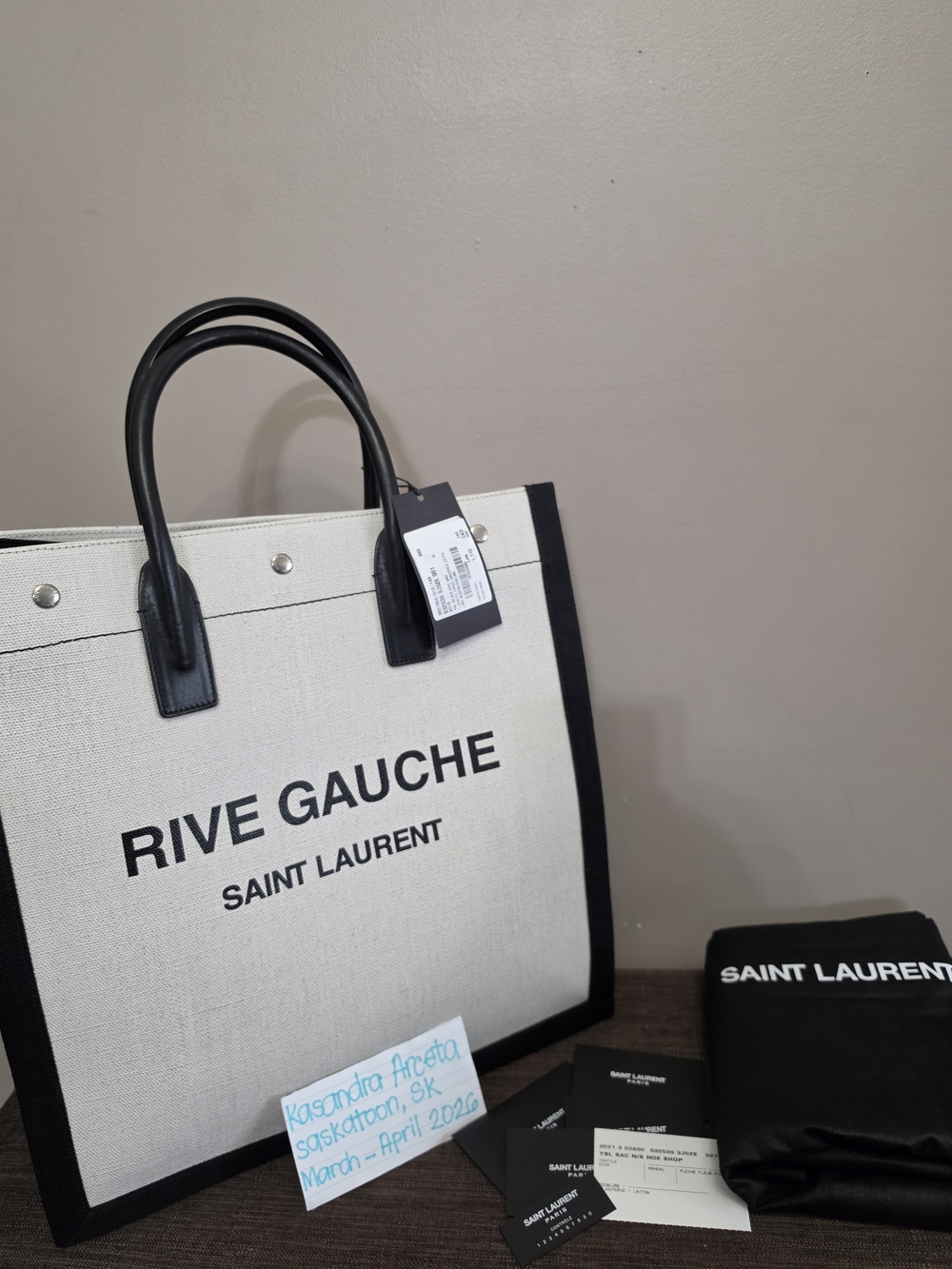 Saint Laurent Rive Gauche Canvas Tote in Beige and Black